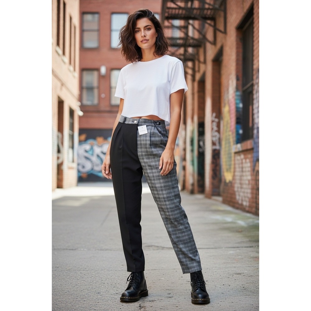 LTT Women Black Grey Plaid Split Leg Trousers High Waist Punk Edgy Pant US 8 NWT